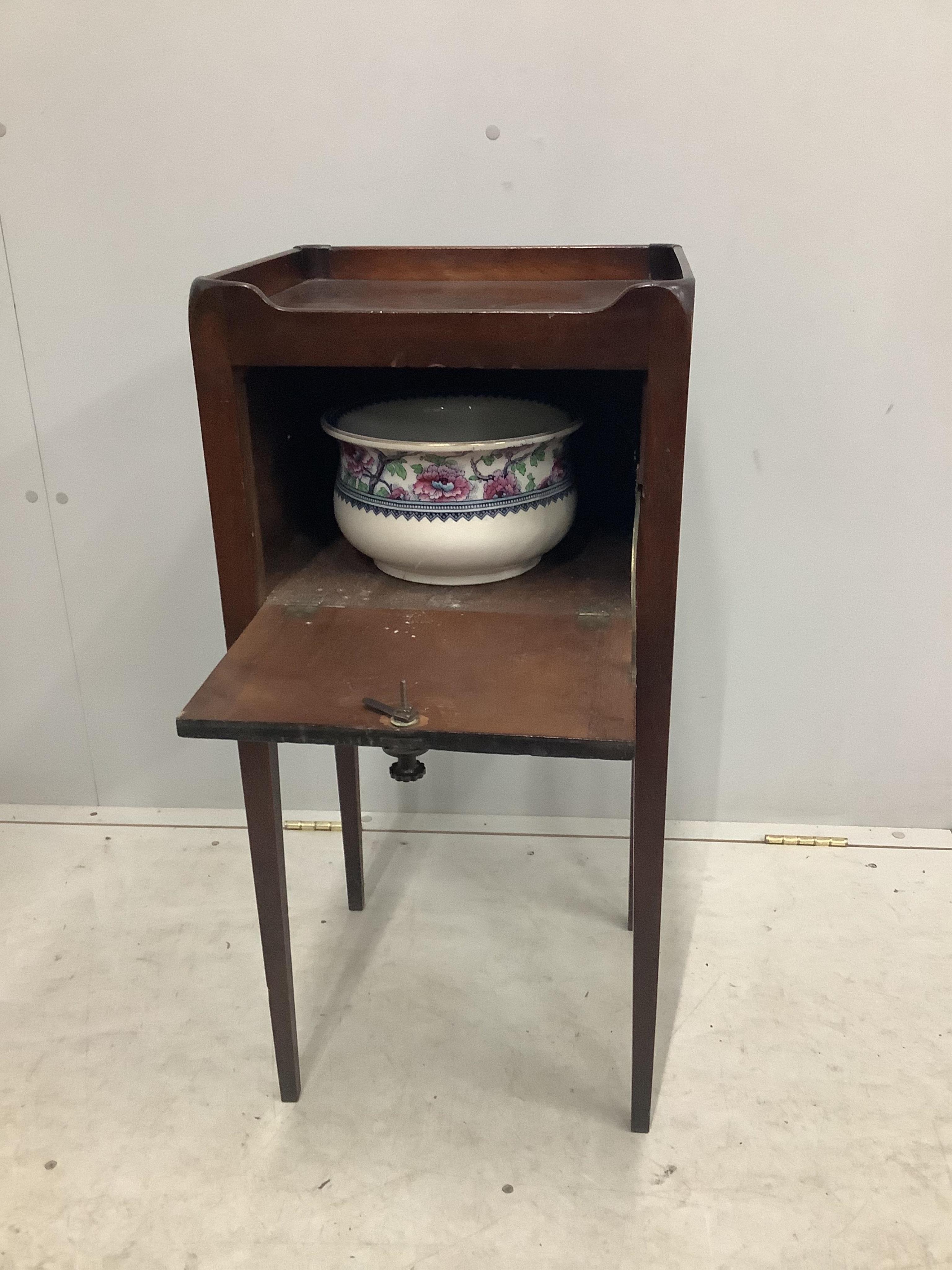 A George III mahogany tray topped bedside cabinet, width 38cm, depth 33cm, height 80cm. Condition - poor to fair